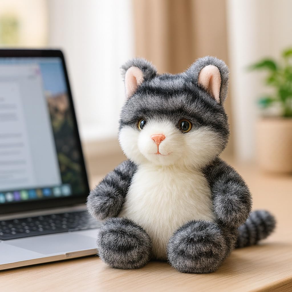 Mushymallow Gray Squeaky Cat Plush – Soft Palm-Sized Stuffed Animal for Stress Relief