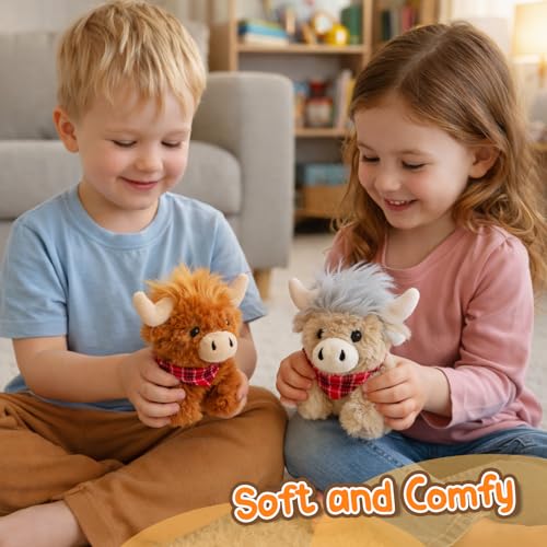 Mushymallow Sitting Highland Cow Plush Toy - Soft Gray Stuffed Animal, Cuddly Gift for Kids and Toddlers