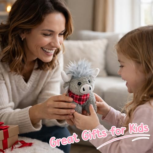 Mushymallow Sitting Highland Cow Plush Toy - Soft Gray Stuffed Animal, Cuddly Gift for Kids and Toddlers