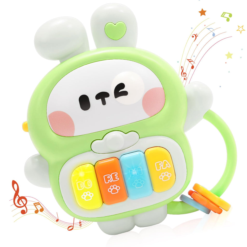 Musical Rabbit Piano Toy for Babies 6-12 Months & Toddlers 1-3 Years - Light Up Bunny with 7 Play Modes, Handle, Safe ABS Plastic - Birthday Gift for 1 Year Old Boy Girl (Green)