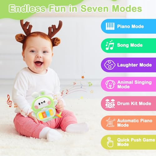 Musical Rabbit Piano Toy for Babies 6-12 Months & Toddlers 1-3 Years - Light Up Bunny with 7 Play Modes, Handle, Safe ABS Plastic - Birthday Gift for 1 Year Old Boy Girl (Green)