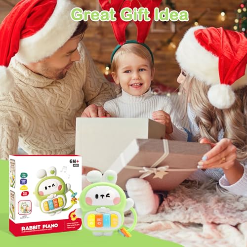 Musical Rabbit Piano Toy for Babies 6-12 Months & Toddlers 1-3 Years - Light Up Bunny with 7 Play Modes, Handle, Safe ABS Plastic - Birthday Gift for 1 Year Old Boy Girl (Green)