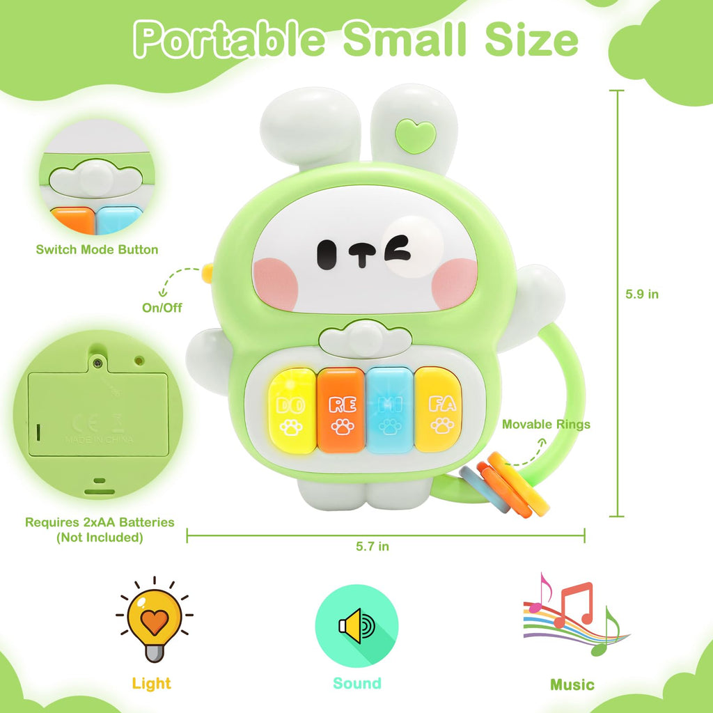 Musical Rabbit Piano Toy for Babies 6-12 Months & Toddlers 1-3 Years - Light Up Bunny with 7 Play Modes, Handle, Safe ABS Plastic - Birthday Gift for 1 Year Old Boy Girl (Green)