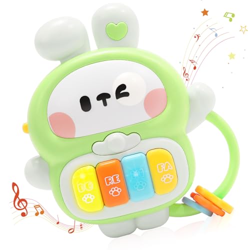 Musical Rabbit Piano Toy for Babies 6-12 Months & Toddlers 1-3 Years - Light Up Bunny with 7 Play Modes, Handle, Safe ABS Plastic - Birthday Gift for 1 Year Old Boy Girl (Green)