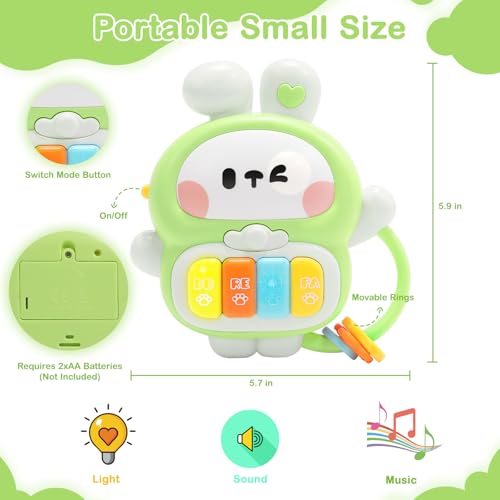 Musical Rabbit Piano Toy for Babies 6-12 Months & Toddlers 1-3 Years - Light Up Bunny with 7 Play Modes, Handle, Safe ABS Plastic - Birthday Gift for 1 Year Old Boy Girl (Green)