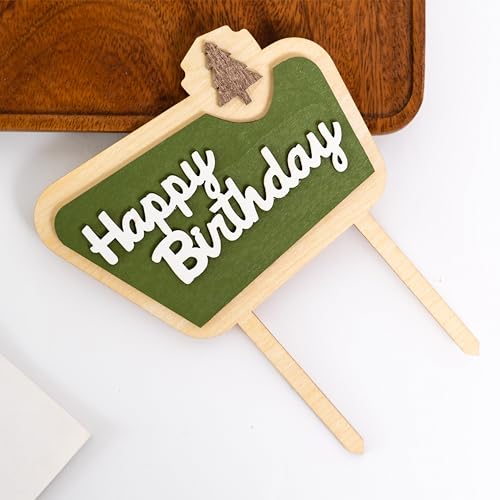MUWEOL Happy Camper Wooden Cake Topper - Camping Birthday Decoration, 4.8x6.1 inches