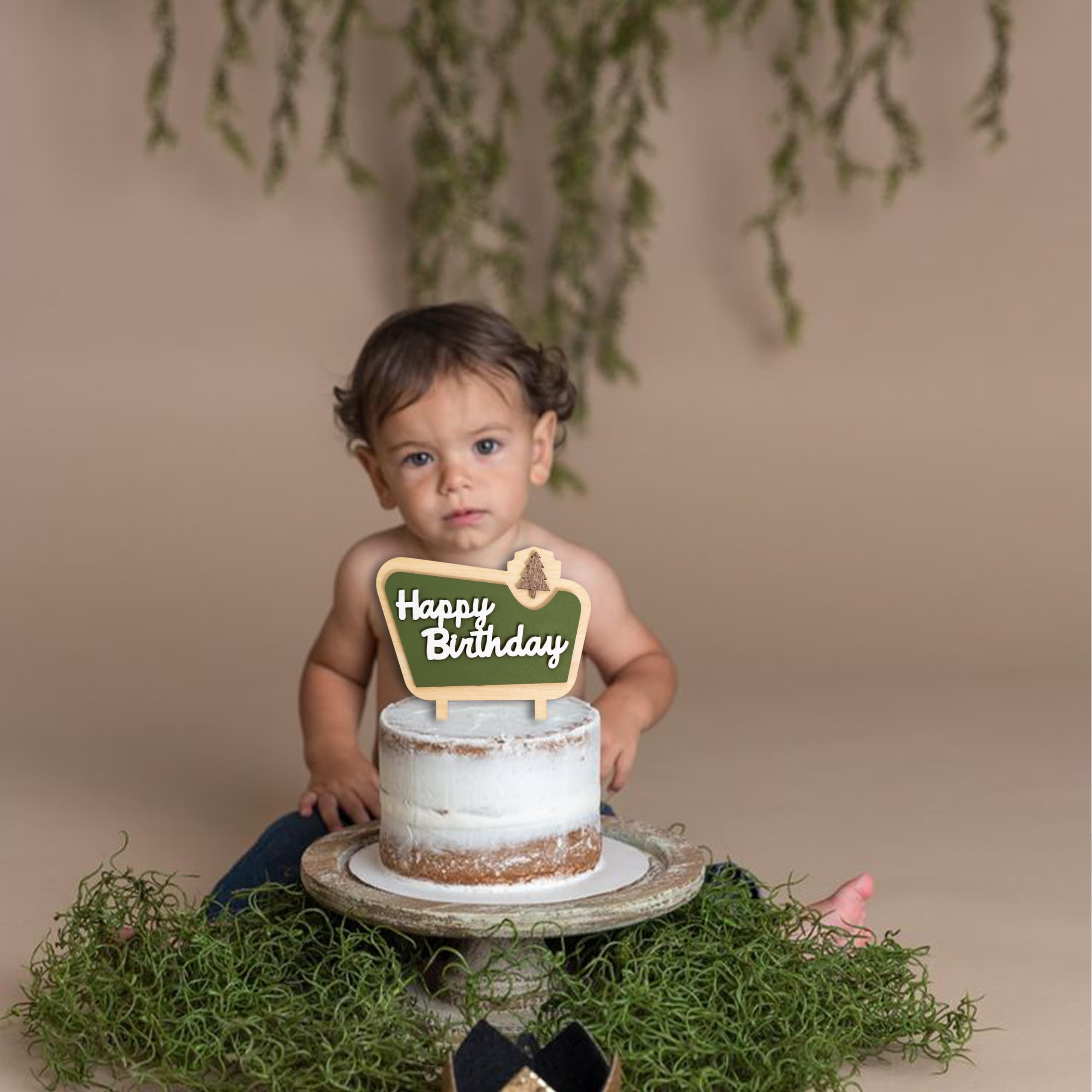 MUWEOL Happy Camper Wooden Cake Topper - Camping Birthday Decoration, 4.8x6.1 inches