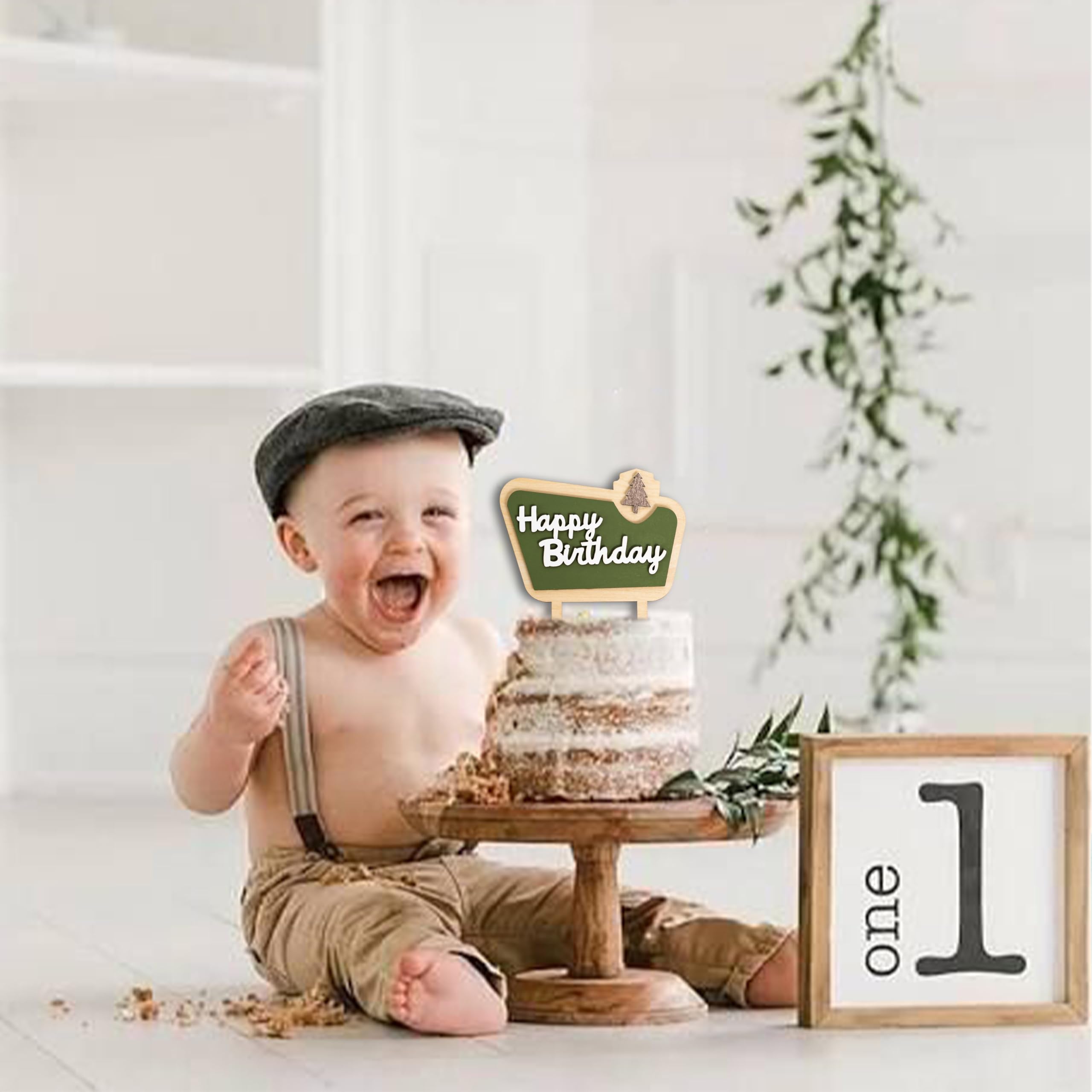 MUWEOL Happy Camper Wooden Cake Topper - Camping Birthday Decoration, 4.8x6.1 inches