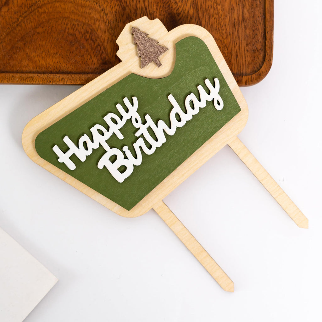 MUWEOL Happy Camper Wooden Cake Topper - Camping Birthday Decoration, 4.8x6.1 inches