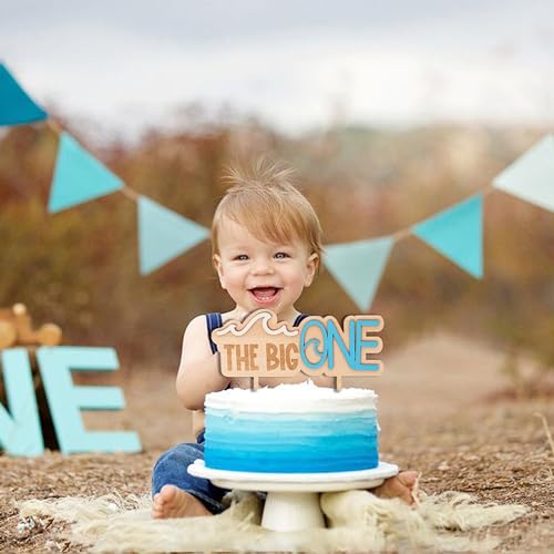 MUWEOL Wave Wooden Cake Topper for First Birthday - Surf Theme Party Decoration, 6.3x5.5 Inches