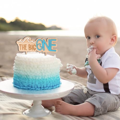 MUWEOL Wave Wooden Cake Topper for First Birthday - Surf Theme Party Decoration, 6.3x5.5 Inches