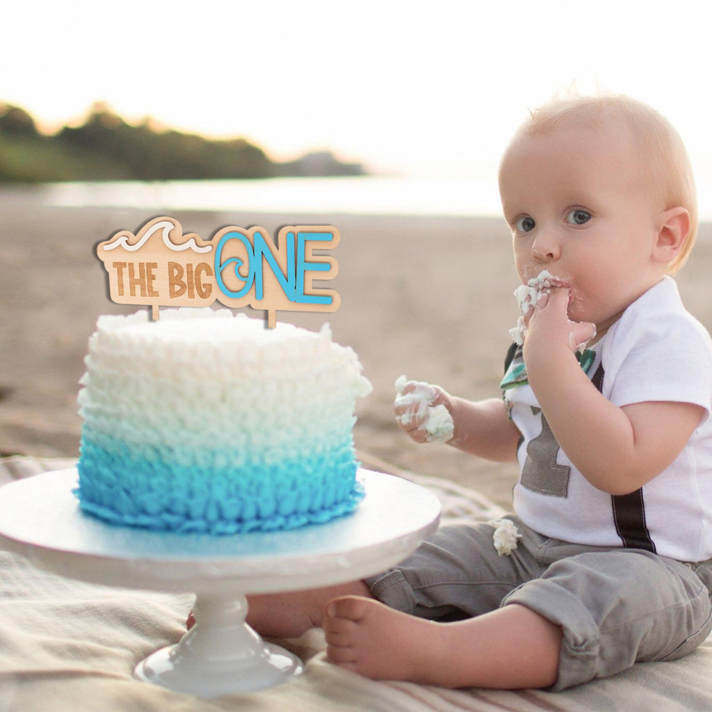 MUWEOL Wave Wooden Cake Topper for First Birthday - Surf Theme Party Decoration, 6.3x5.5 Inches