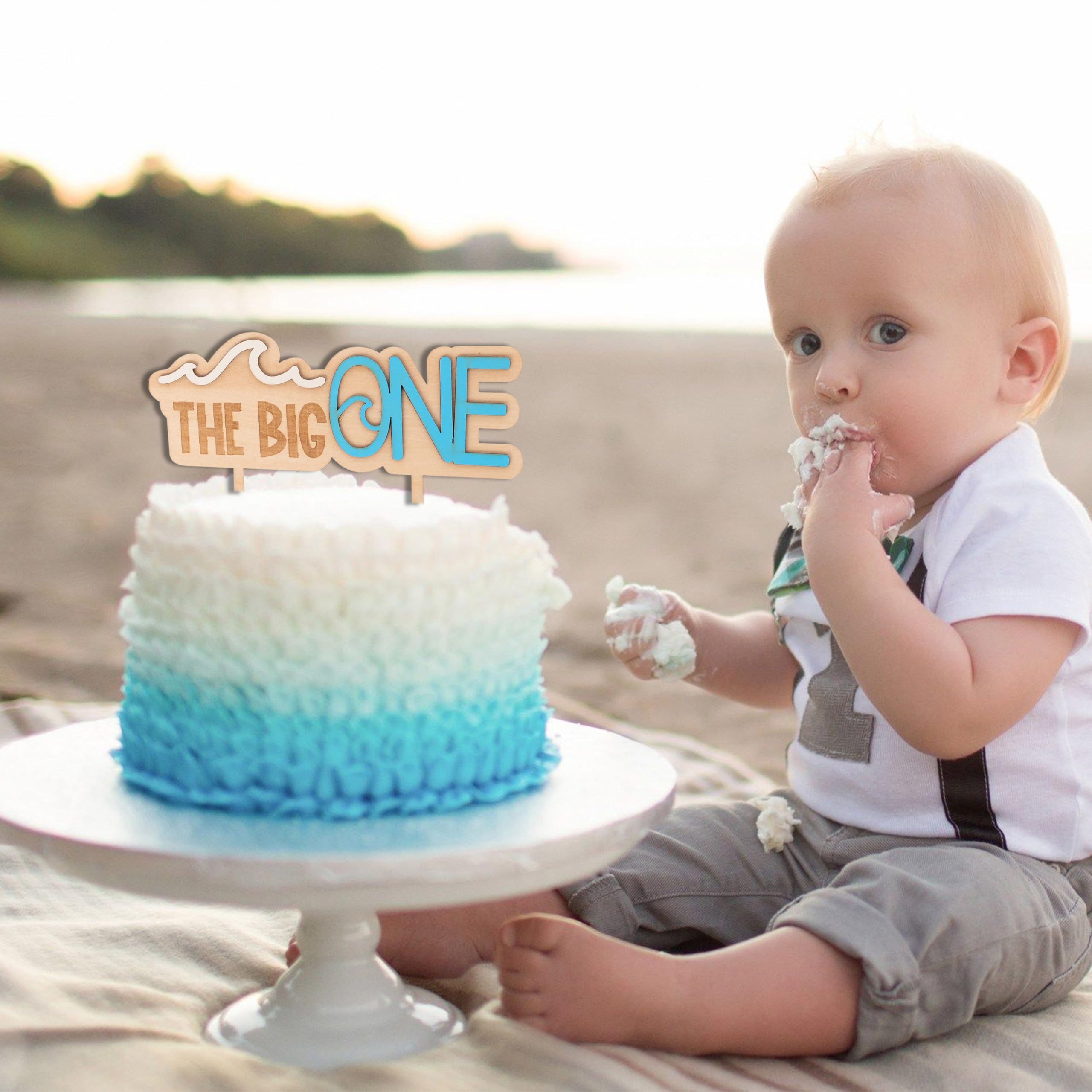 MUWEOL Wave Wooden Cake Topper for First Birthday - Surf Theme Party Decoration, 6.3x5.5 Inches
