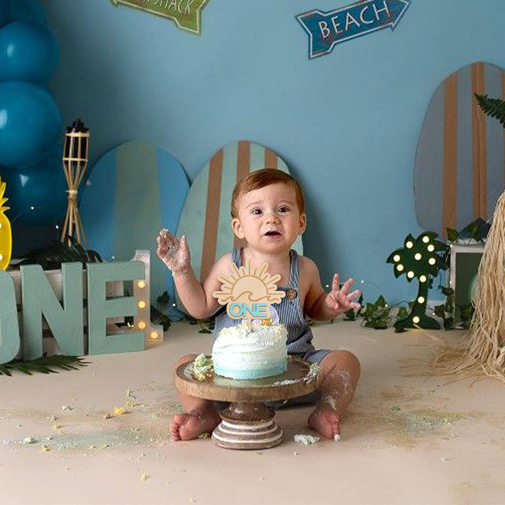 MUWEOL Wooden Wave Surf Cake Topper for First Birthday – Handmade Party Decoration
