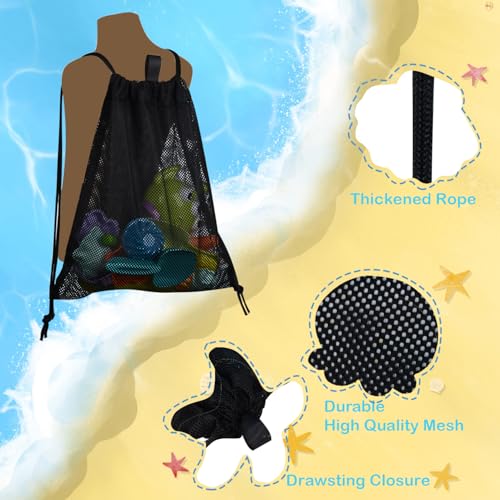 MUYIZI 2-Pack Mesh Beach Bags for Kids and Adults – Quick-Dry, Sand-Free Drawstring Backpack (Black)