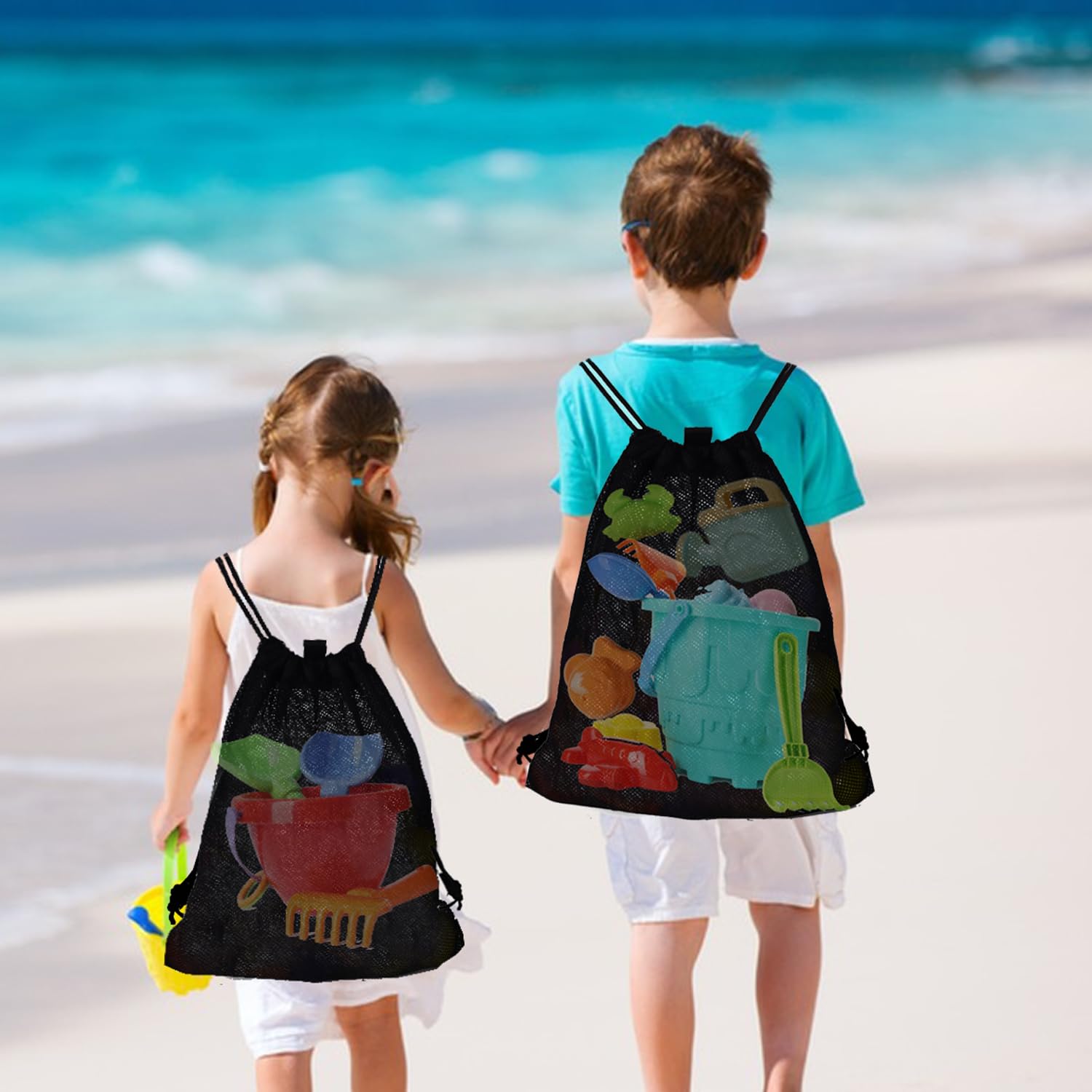MUYIZI 2-Pack Mesh Beach Bags for Kids and Adults – Quick-Dry, Sand-Free Drawstring Backpack (Black)
