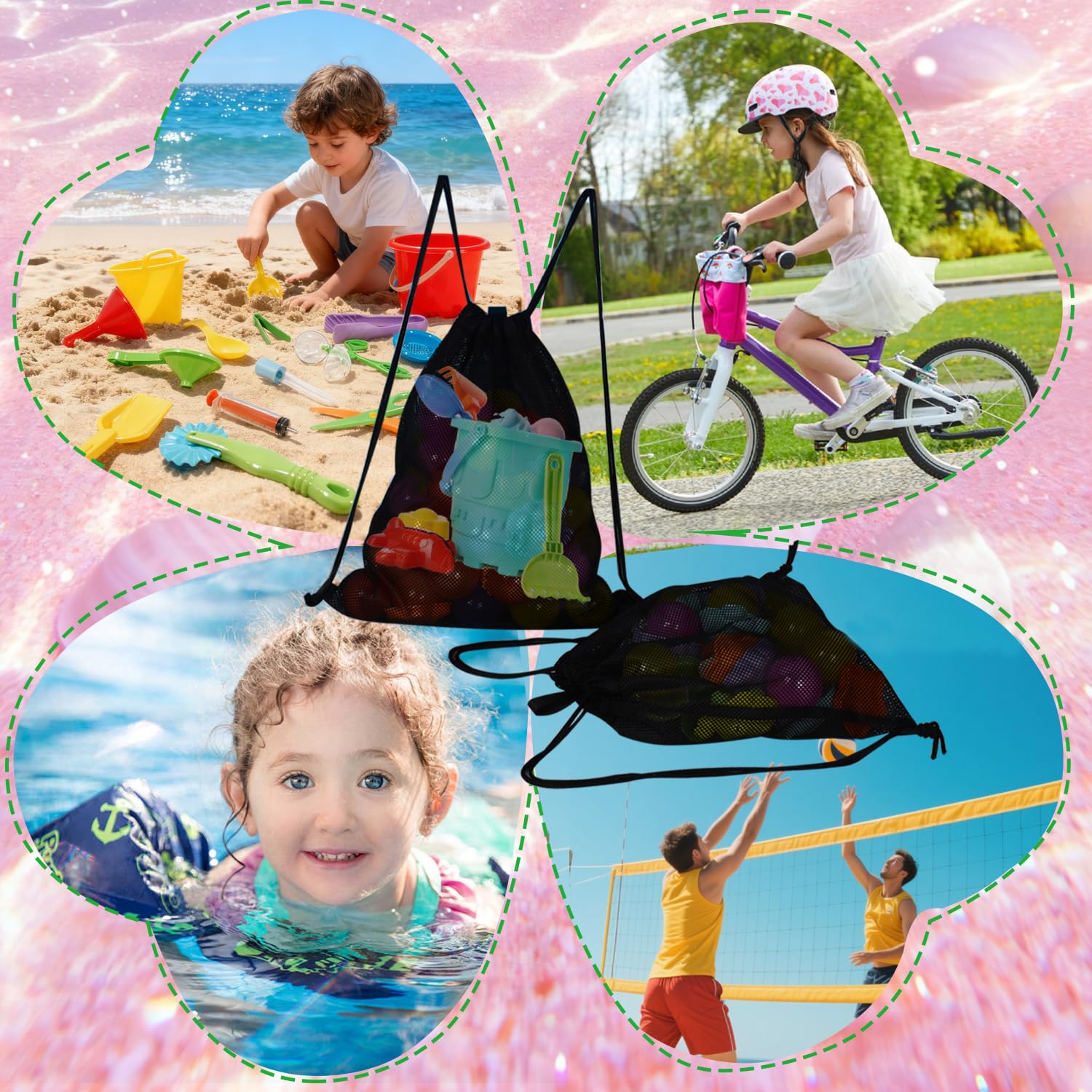 MUYIZI 2-Pack Mesh Beach Bags for Kids and Adults – Quick-Dry, Sand-Free Drawstring Backpack (Black)