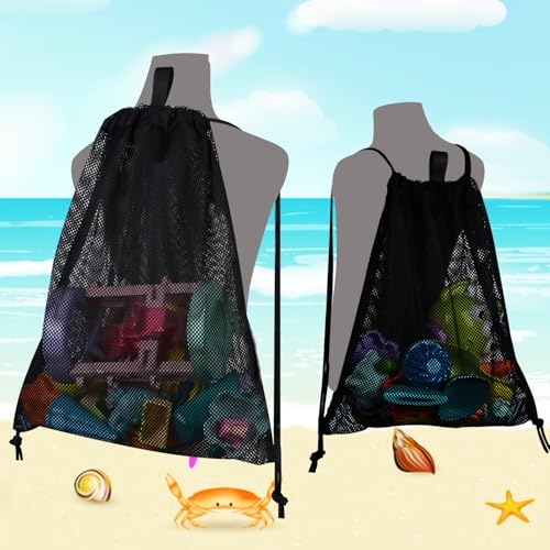 MUYIZI 2-Pack Mesh Beach Bags for Kids and Adults – Quick-Dry, Sand-Free Drawstring Backpack (Black)
