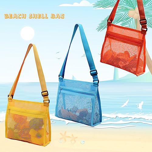 MUYIZI 3-Pack Mesh Beach Bag for Shell Collecting - Quick-Drying, Adjustable Strap, Zippered Shell Bag for Kids and Adults