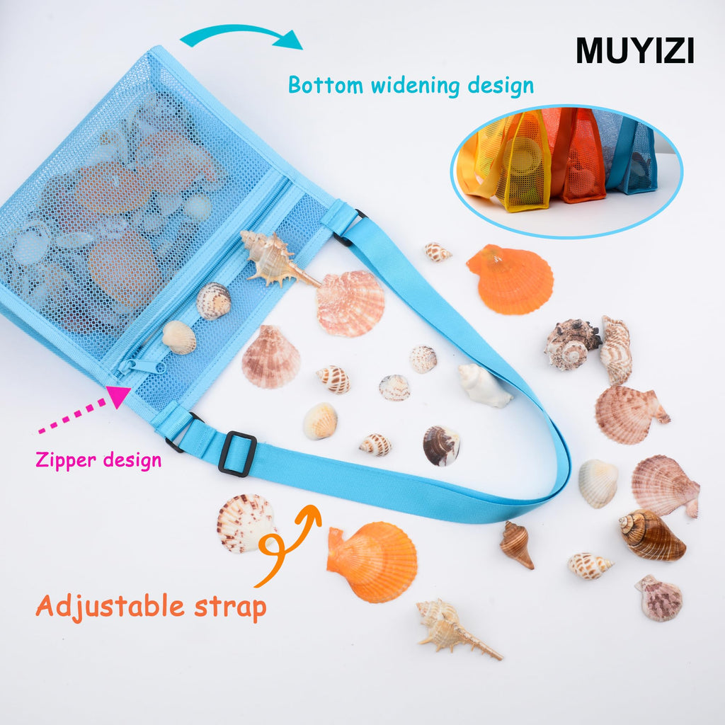 MUYIZI 3-Pack Mesh Beach Bag for Shell Collecting - Quick-Drying, Adjustable Strap, Zippered Shell Bag for Kids and Adults