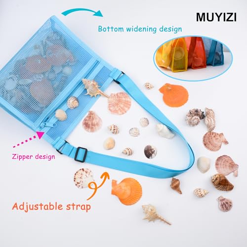 MUYIZI 3-Pack Mesh Beach Bag for Shell Collecting - Quick-Drying, Adjustable Strap, Zippered Shell Bag for Kids and Adults