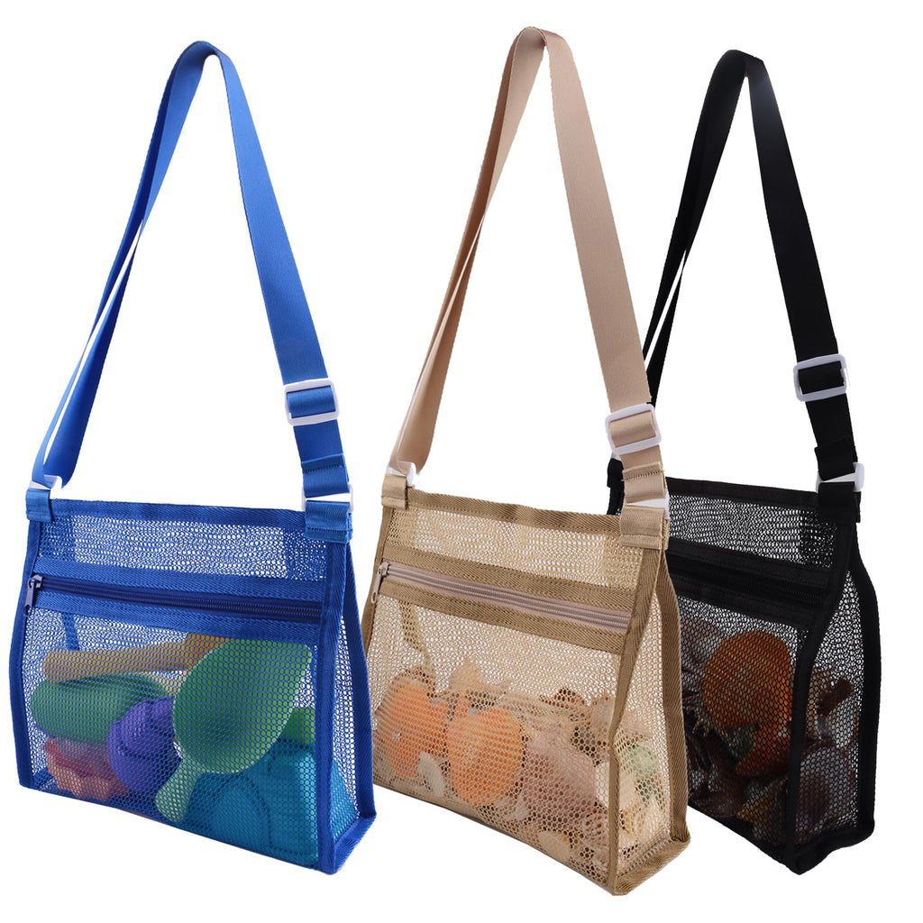 MUYIZI 3-Pack Mesh Beach Bags for Shell Collecting – Quick-Dry Nylon, Adjustable Strap