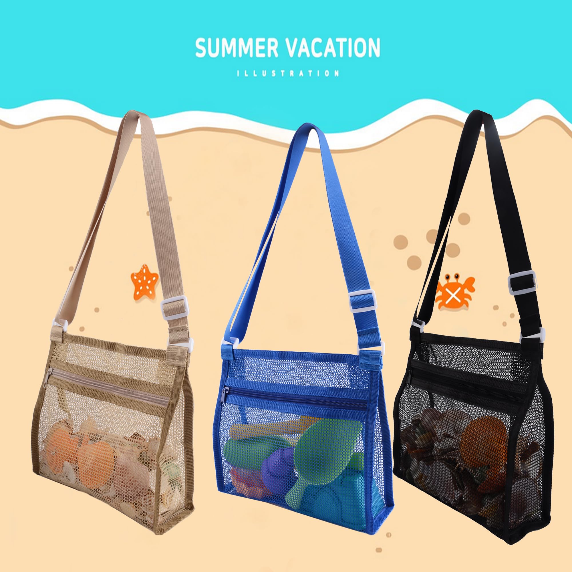 MUYIZI 3-Pack Mesh Beach Bags for Shell Collecting – Quick-Dry Nylon, Adjustable Strap