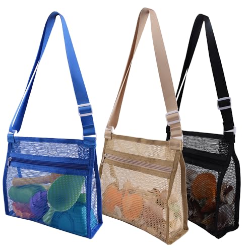 MUYIZI 3-Pack Mesh Beach Bags for Shell Collecting – Quick-Dry Nylon, Adjustable Strap