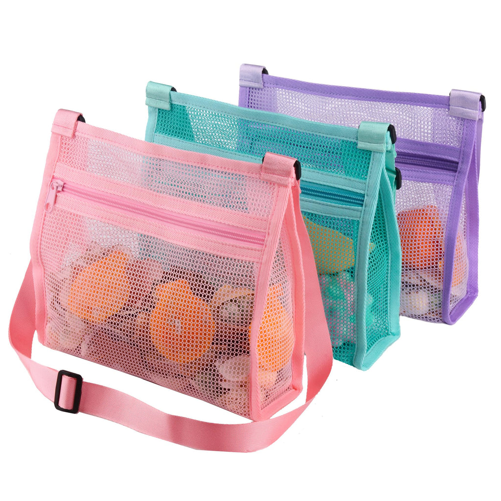 MUYIZI 3-Pack Mesh Beach Shell Bag – Quick-Dry, Adjustable Strap, Zippered Bag for Shell Collecting, Sand Toys, and Beach Essentials