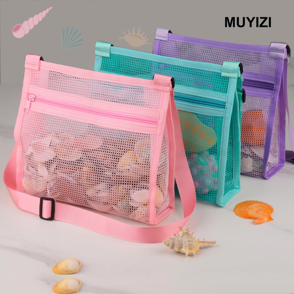 MUYIZI 3-Pack Mesh Beach Shell Bag – Quick-Dry, Adjustable Strap, Zippered Bag for Shell Collecting, Sand Toys, and Beach Essentials