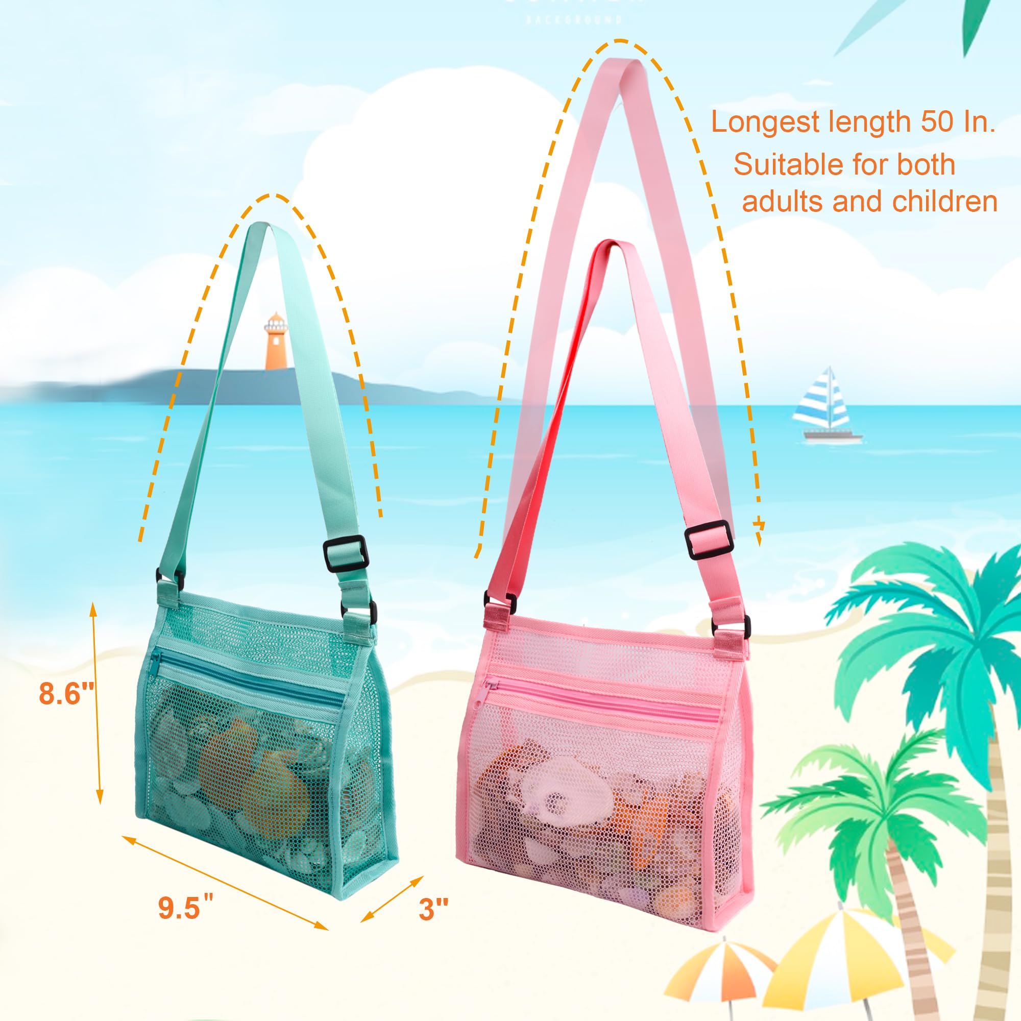 MUYIZI 3-Pack Mesh Beach Shell Bag – Quick-Dry, Adjustable Strap, Zippered Bag for Shell Collecting, Sand Toys, and Beach Essentials