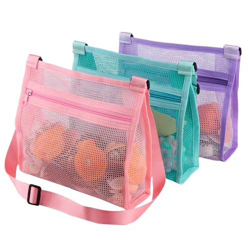 MUYIZI 3-Pack Mesh Beach Shell Bag – Quick-Dry, Adjustable Strap, Zippered Bag for Shell Collecting, Sand Toys, and Beach Essentials