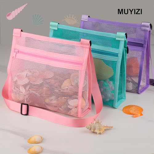 MUYIZI 3-Pack Mesh Beach Shell Bag – Quick-Dry, Adjustable Strap, Zippered Bag for Shell Collecting, Sand Toys, and Beach Essentials