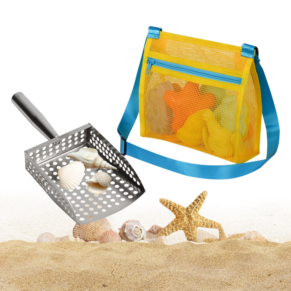 MUYIZI Sand Sifter Shovel with Mesh Beach Bag – Blue/Yellow Detachable Shell Scooper for Beachcombing