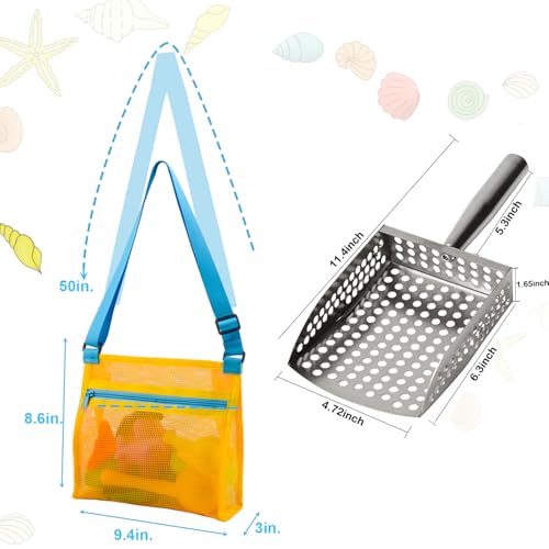 MUYIZI Sand Sifter Shovel with Mesh Beach Bag – Blue/Yellow Detachable Shell Scooper for Beachcombing