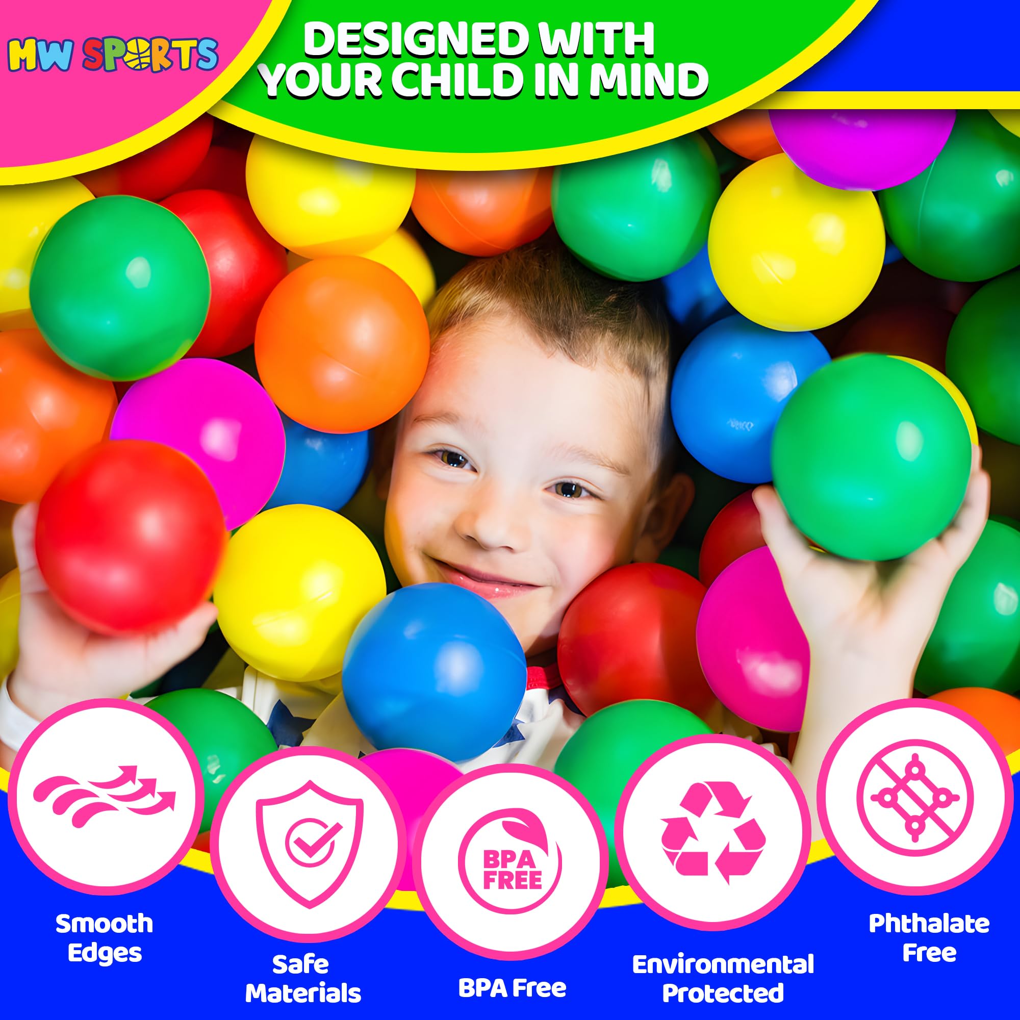 MW SPORTS 50 Ball Pit Balls for Toddlers & Kids – Crush Proof, BPA-Free, with Storage Bag