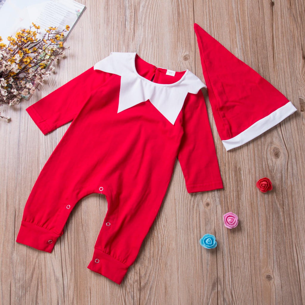 My First Christmas Outfit: Baby Girl Elf Costume Long Sleeve Jumpsuit with Hat