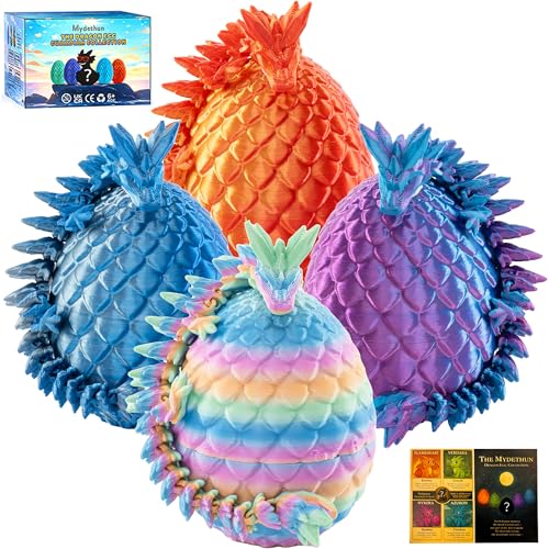 Mydethun 4-Pack 3D Printed Dragon Eggs – Articulated 27-Joint Dragons with Lore Cards & Mystery Colors