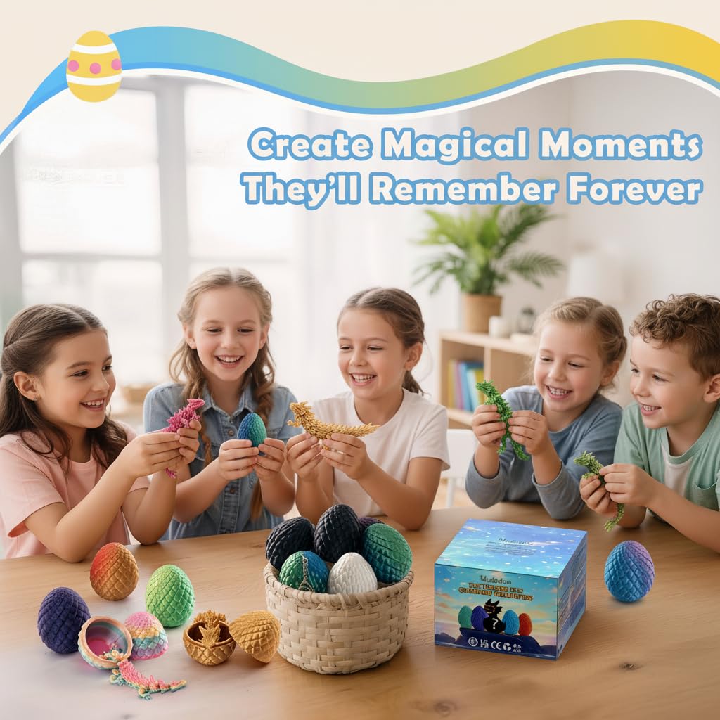 Mydethun 4-Pack 3D Printed Dragon Eggs – Articulated 27-Joint Dragons with Lore Cards & Mystery Colors
