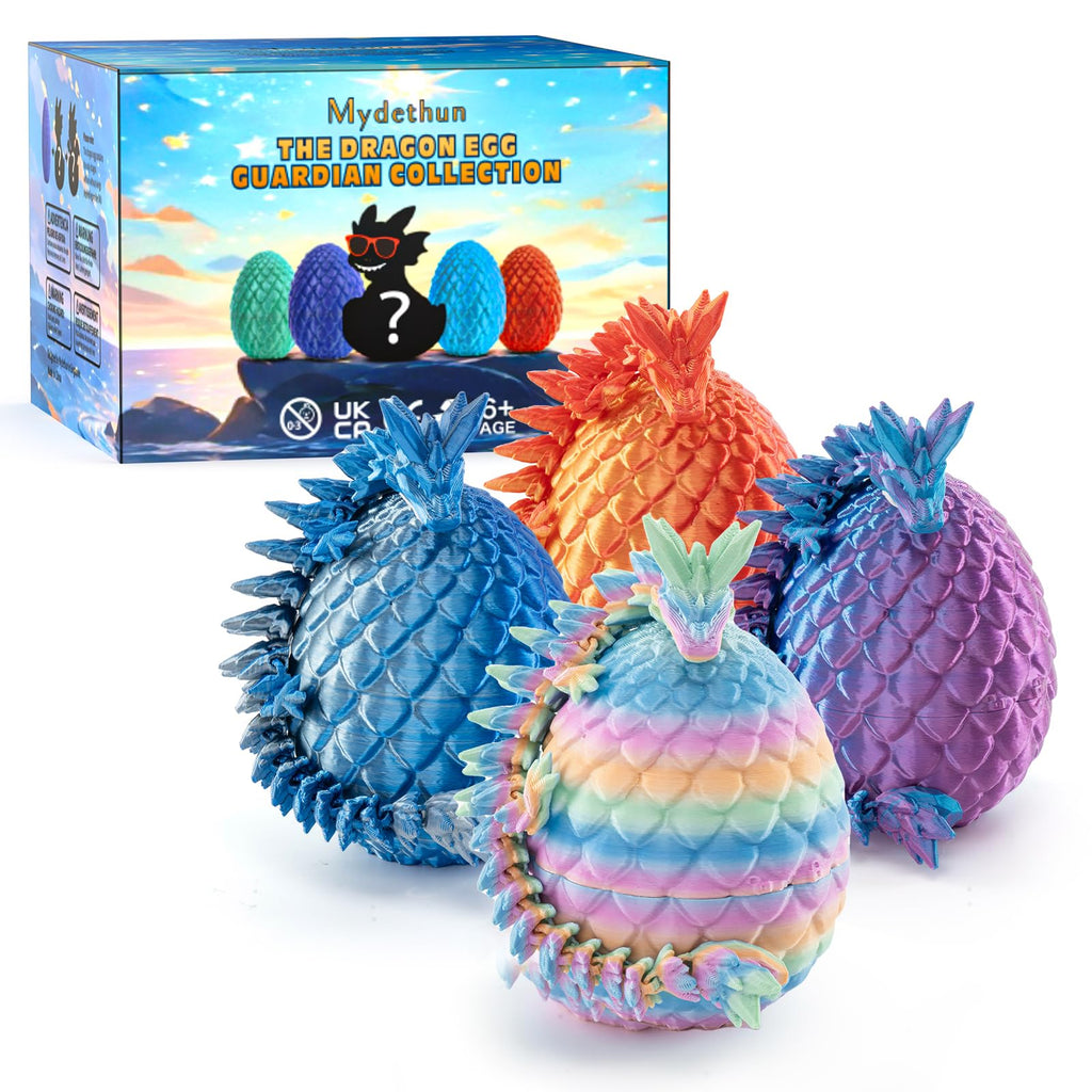 Mydethun 4-Pack 3D Printed Dragon Eggs – Articulated 27-Joint Dragons with Lore Cards & Mystery Colors