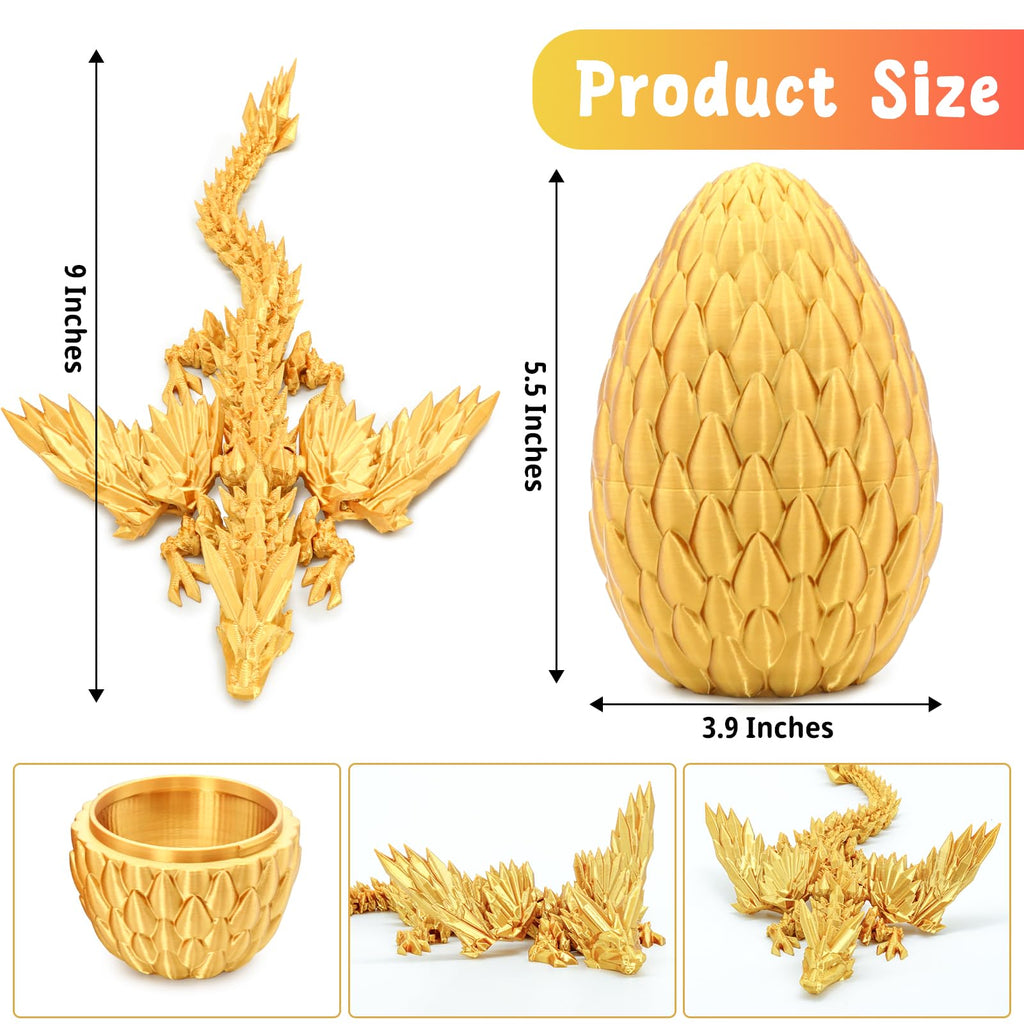 Mydhall 3D Printed Dragon Egg with Articulated Dragon – Golden Gradient, 5.5" Egg, 9" Dragon