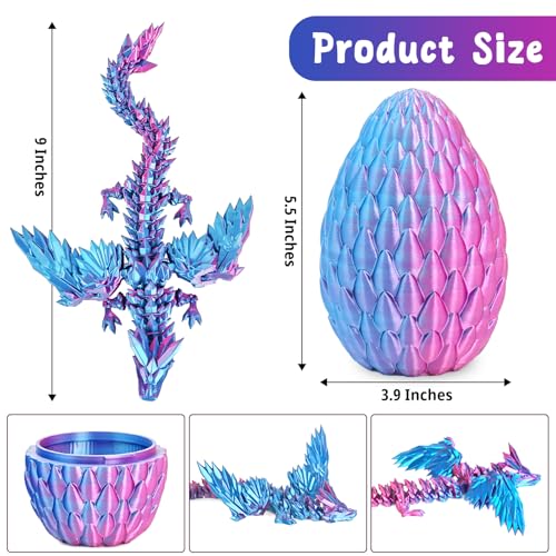 Mydhall 3D Printed Dragon Egg with Articulated Dragon – Mysterious Purple Gradient, 5.5-Inch Egg with 9-Inch Dragon