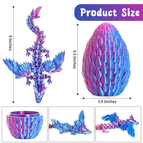 Mydhall 3D Printed Flying Dragon Egg – Articulated Dragon Inside, Blue Purple Gradient, Medium (5.5 in)