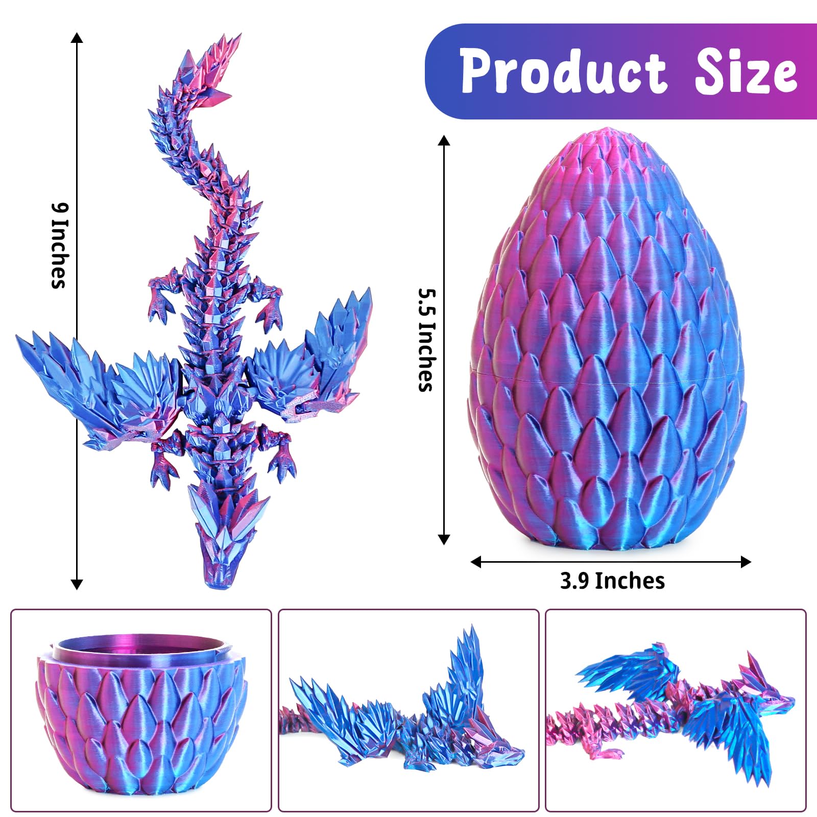 Mydhall 3D Printed Flying Dragon Egg – Articulated Dragon Inside, Blue Purple Gradient, Medium (5.5 in)