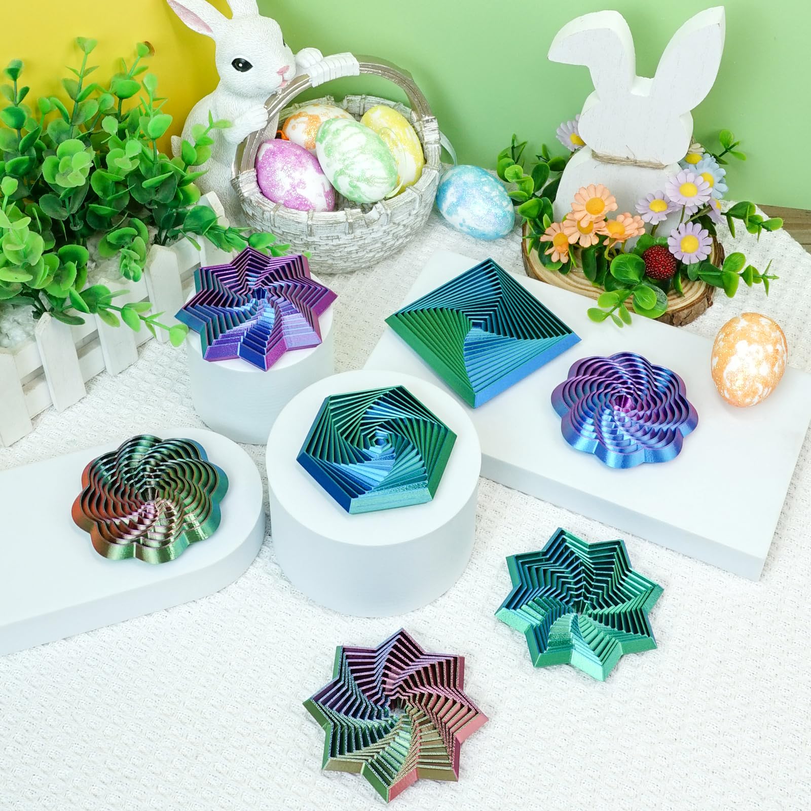 Mydhall 4-Pack 3D Printed Fidget Toys – Hexagon, Star, Spiral & Square – Stress Relief Sensory Toys for Kids & Adults (Red/Green, 3 Inches)