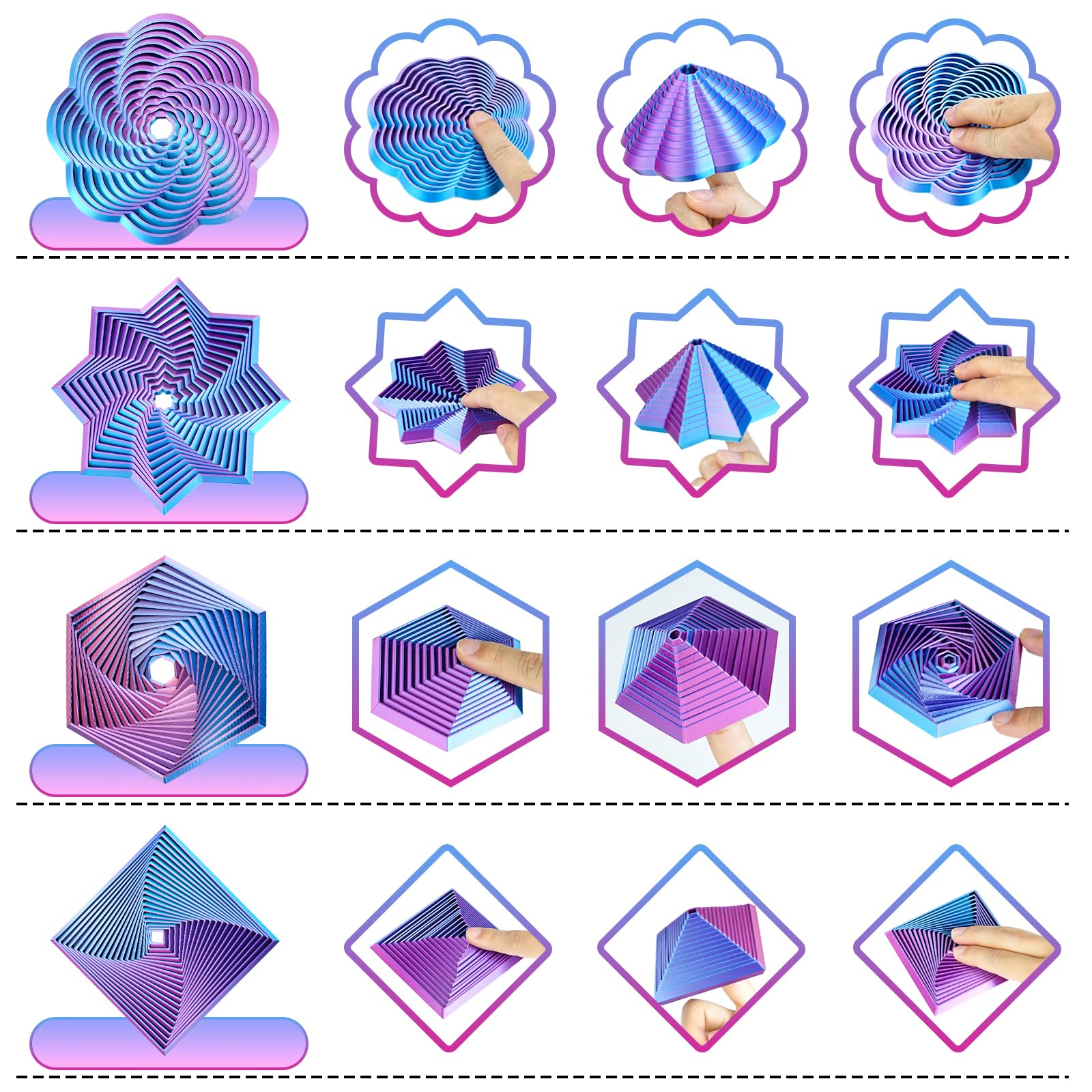 Mydhall 4-Pack 3D Printed Fractal Fidget Toys – Hexagon, Star & More – Light Purple, 3 Inches