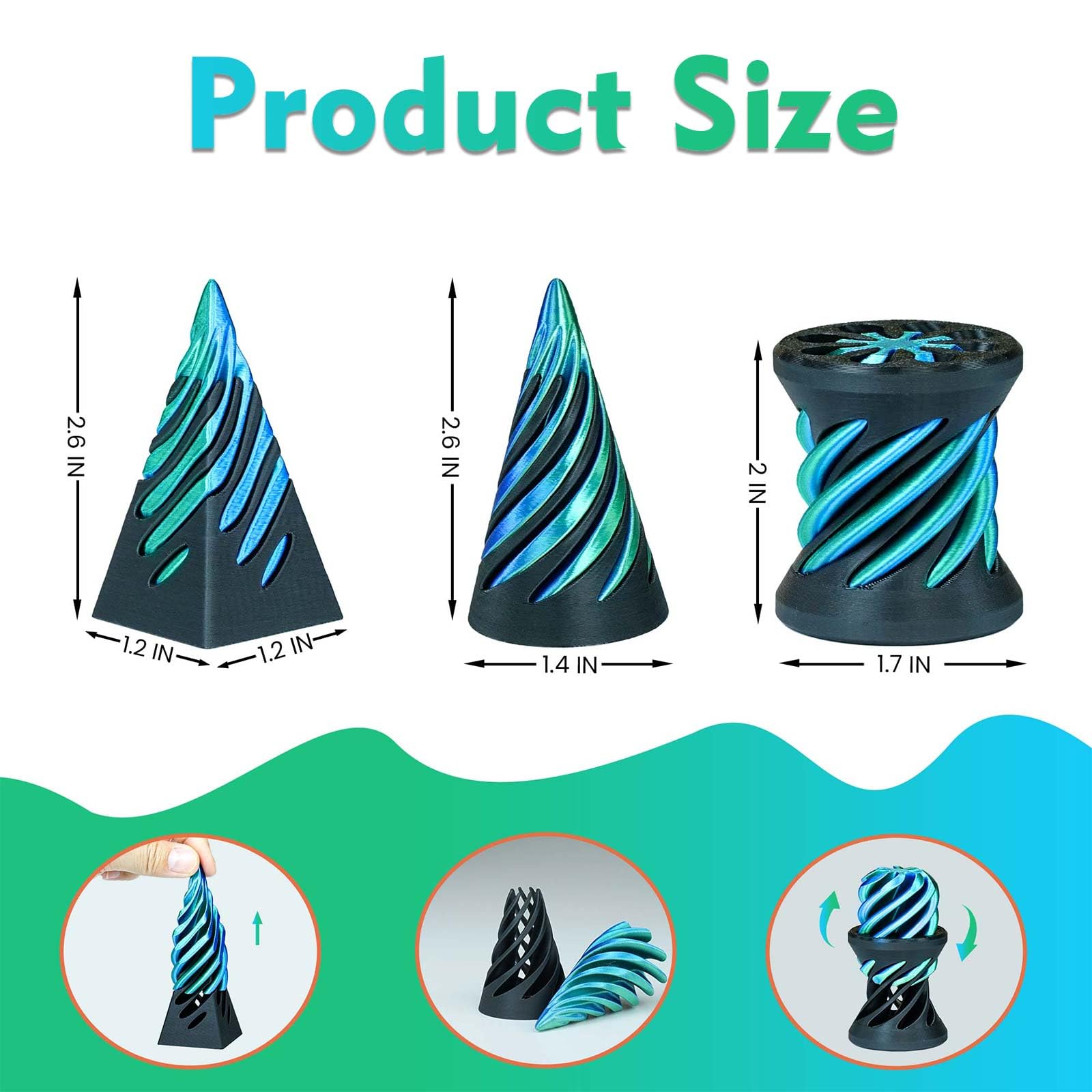 Mydhall Impossible Cone 3-Pack – 3D Printed Spiral Fidget Toys for Stress Relief (Green+Black)