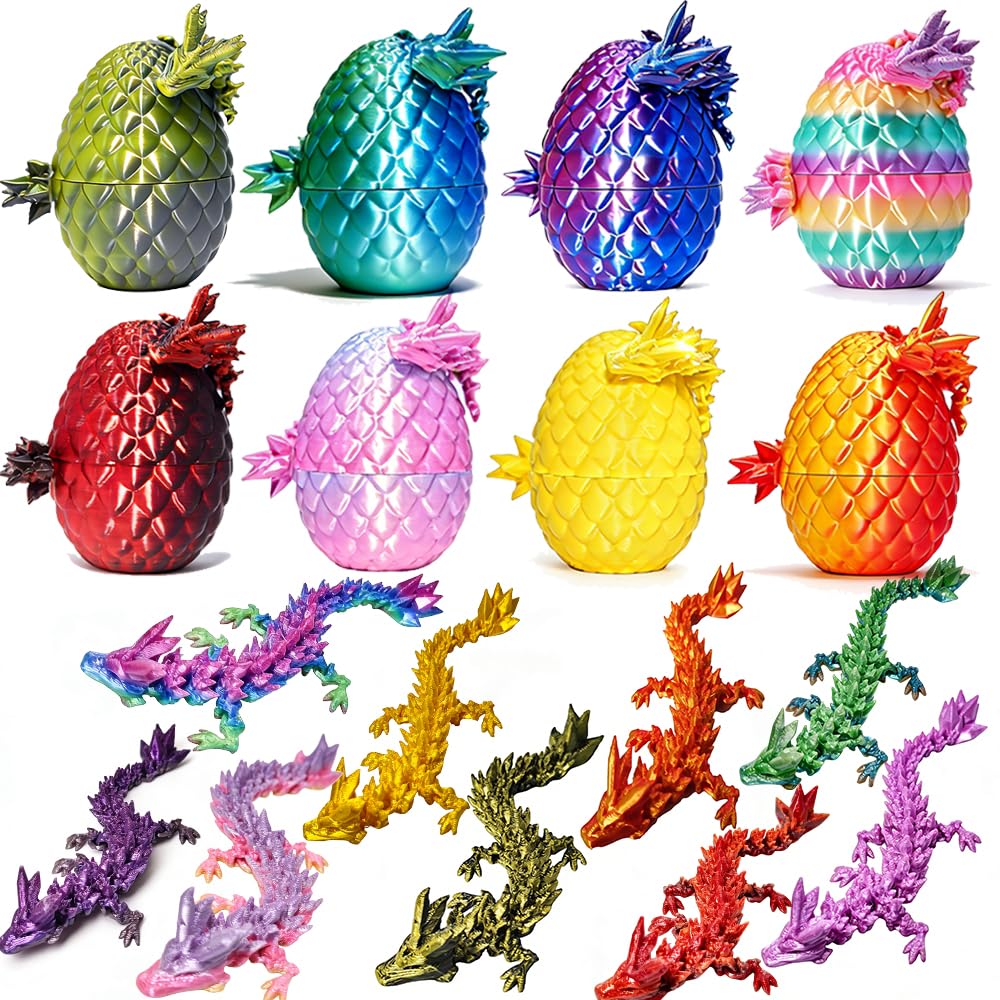 Mystery Dragon Egg Set: 8 Pack 3D Printed Articulated Dragons - Fidget Toys & Fantasy Desk Decor