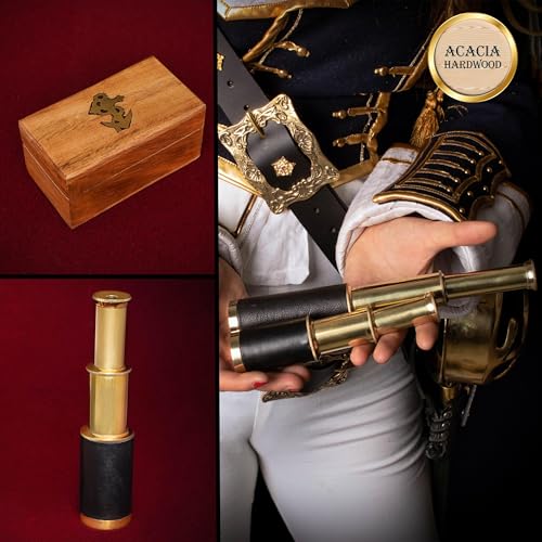 Mythrojan Brass Handheld Telescope 6-Inch Mini Spyglass with Wooden Case – Pirate Cosplay Accessory