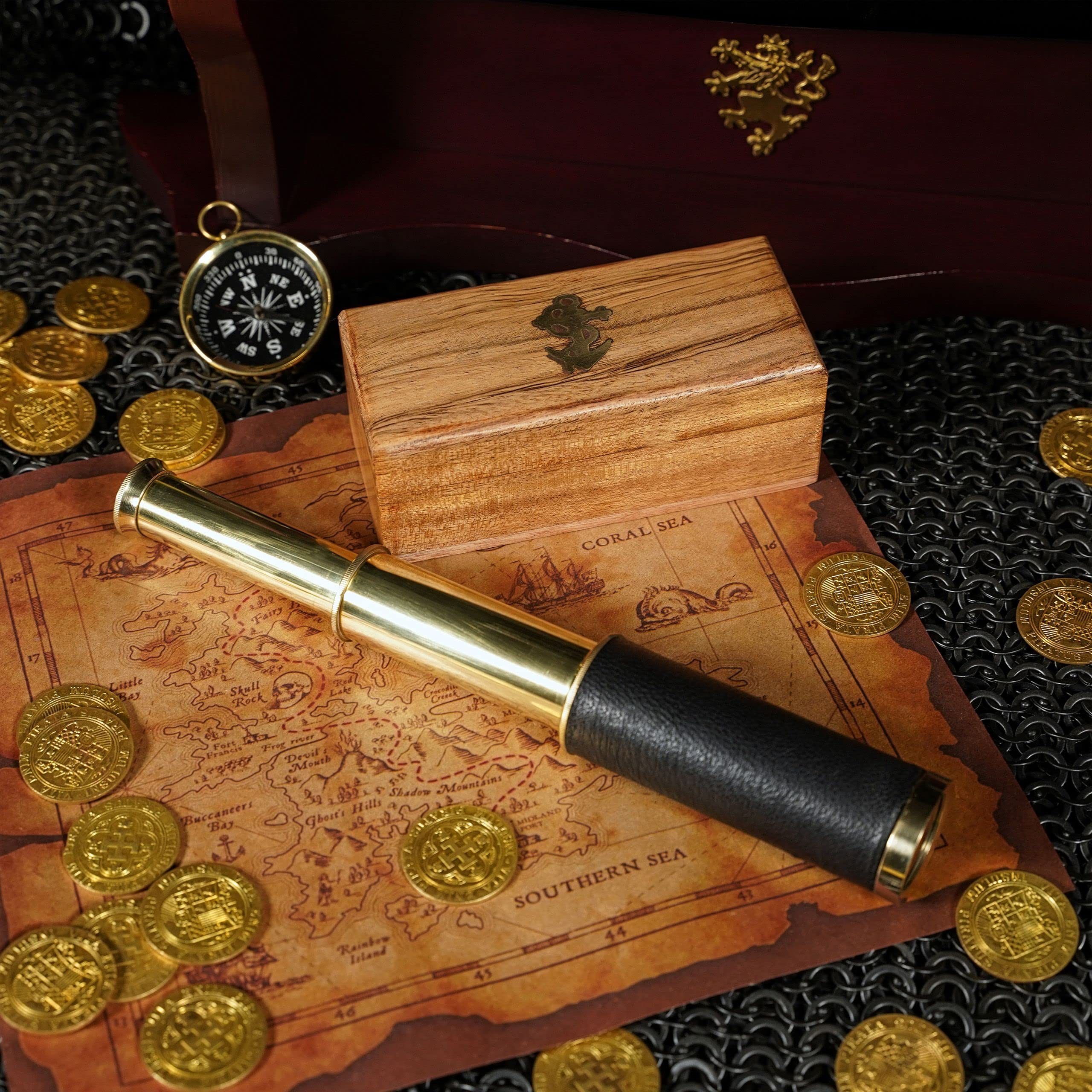 Mythrojan Brass Handheld Telescope 6-Inch Mini Spyglass with Wooden Case – Pirate Cosplay Accessory
